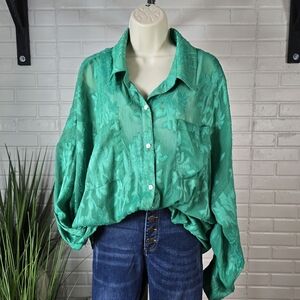 Willow And Root Green Jacquard Floral Button Up Top Extra Extra Large